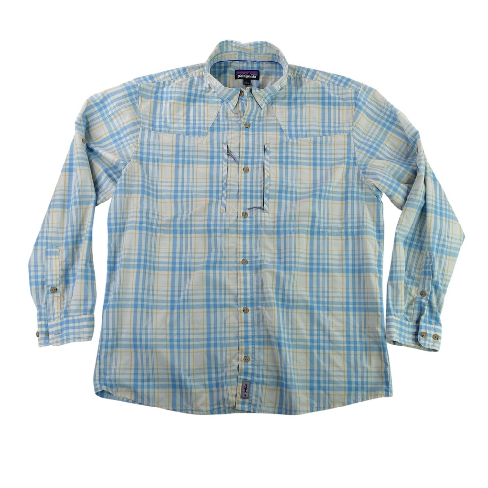 Patagonia Sun Stretch Shirt Mens Large Blue Plaid Long Sleeve Fishing 52198 SP22